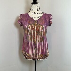 Vintage Suzie Top Purple‎ Floral Print Blouse Boho Short Sleeve Small S